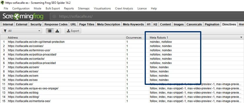 paginas en no index sofia calle