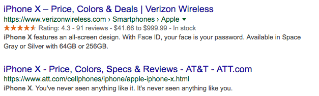 Rich snippet de review en la serp con la valoración del Iphone