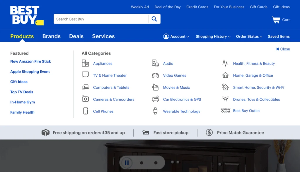 Menú de la web Best Buy