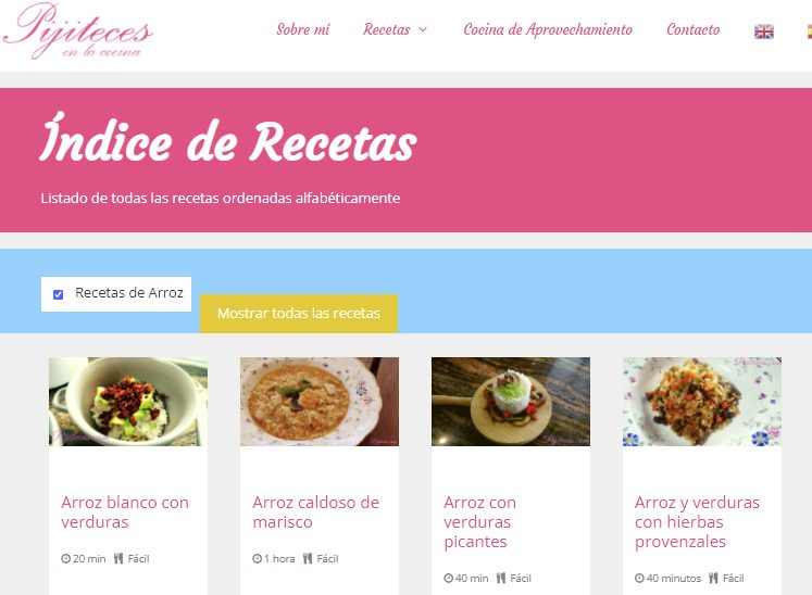Categoría de recetas de Pijiteces.com con poco contenido, posible thin content