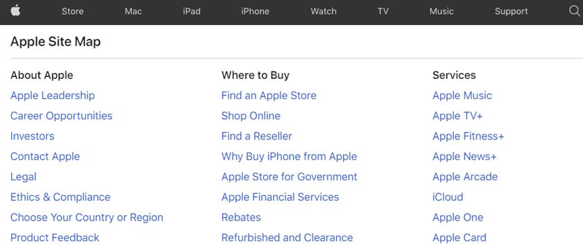 Sitemap HTML de Apple.com