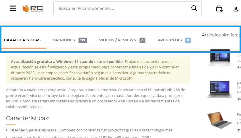 Ficha de producto completa seo optimizada con Características, opiniones, review y preguntas de los usuarios en PcComponentes