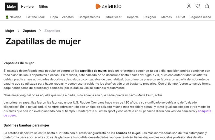 Text SEO optimizado en la categoría de Zalando