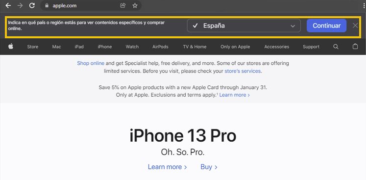 Aviso de cambio de idioma de Apple.com según geolocalización para SEO Internacional