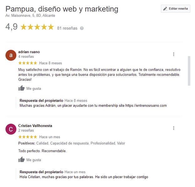 Reseñas de Google My Business para un negocio