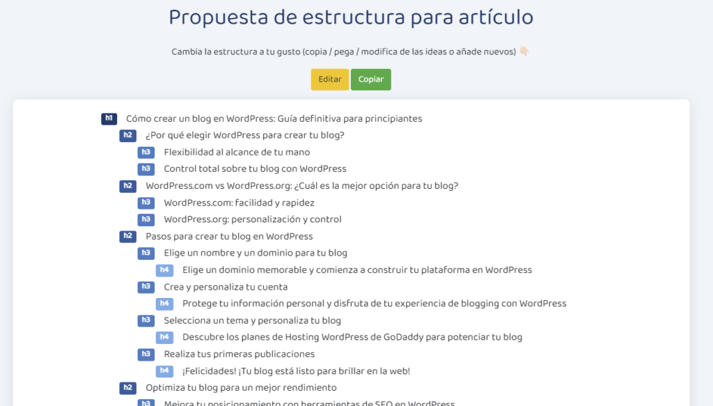 Propuesta de estructura de artículo con herramienta de intención de búsqueda seo